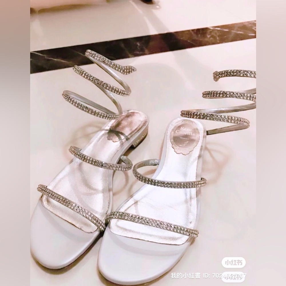 Rene Caovilla crystal embellished flat silver sandals 37.5/38